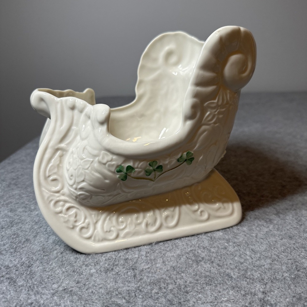 Vintage Belleek Irish Porcelain Sleigh Centerpiece Planter Christmas Shamrocks